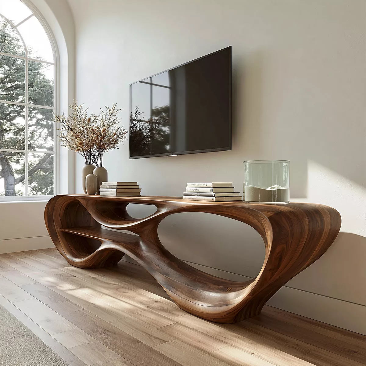Sculptural Solid Wood TV Stand With Organic Open Frame And Natural Wood Grain For Living Room - Livewoodcraft - 5