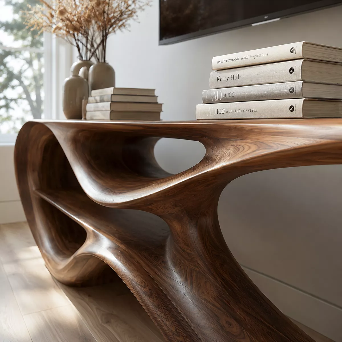Sculptural Solid Wood TV Stand With Organic Open Frame And Natural Wood Grain For Living Room - Livewoodcraft - 6