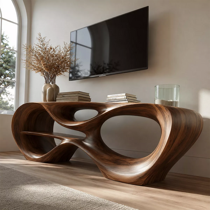 Sculptural Solid Wood TV Stand With Organic Open Frame And Natural Wood Grain For Living Room - Livewoodcraft - 7