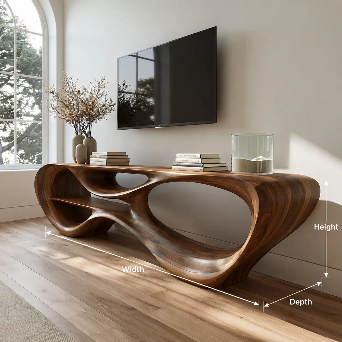 Sculptural Solid Wood TV Stand With Organic Open Frame And Natural Wood Grain For Living Room - Livewoodcraft - 9