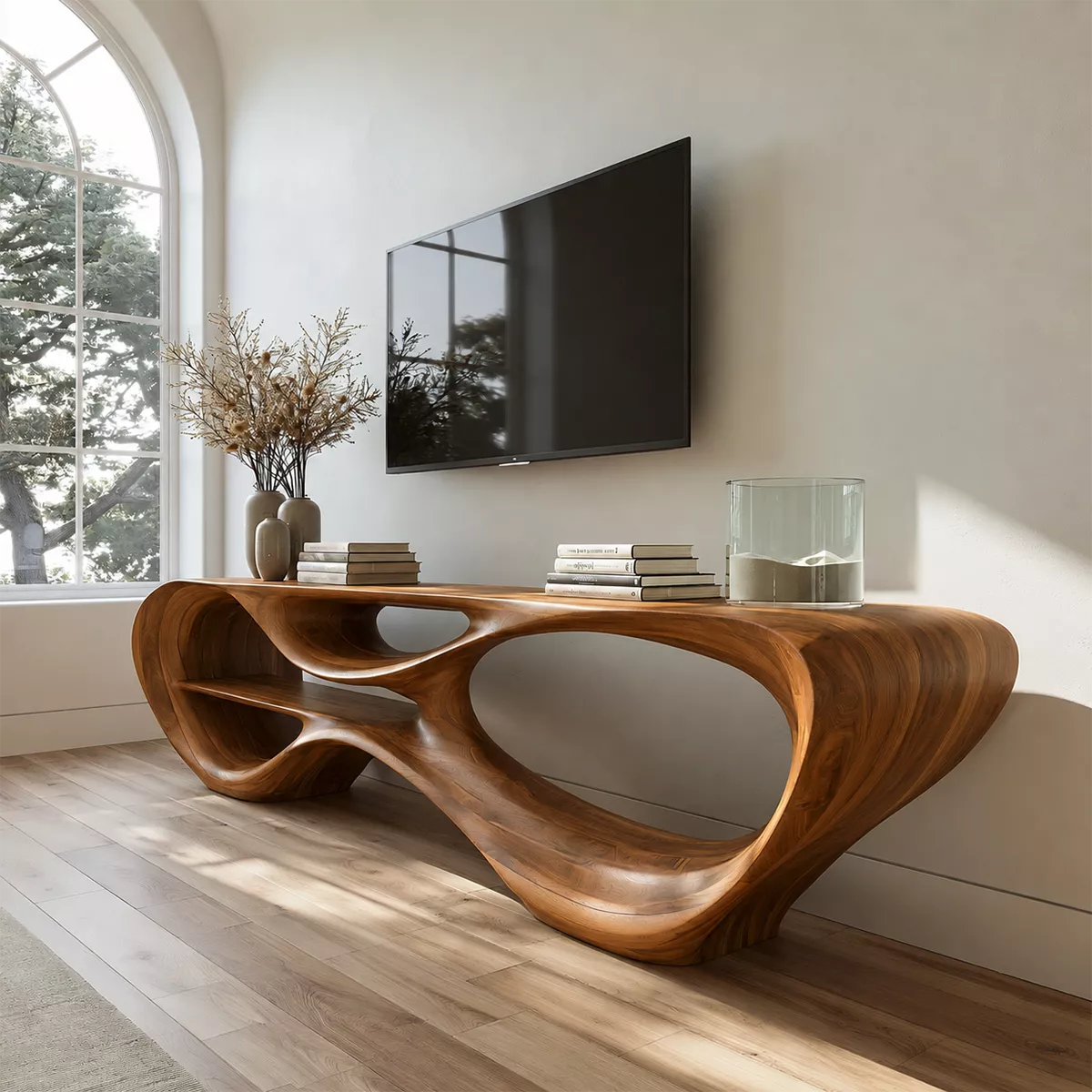 Sculptural Solid Wood TV Stand With Organic Open Frame And Natural Wood Grain For Living Room - Livewoodcraft