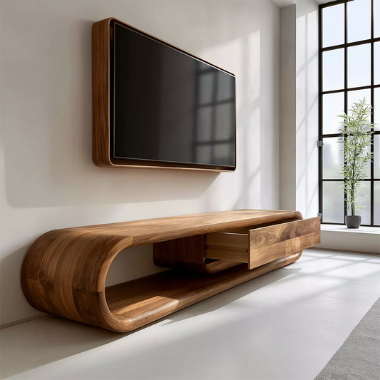 Sculptural Solid Wood TV Stand With Rounded Frame And Pull Out Drawer For Living Room - Echotimber