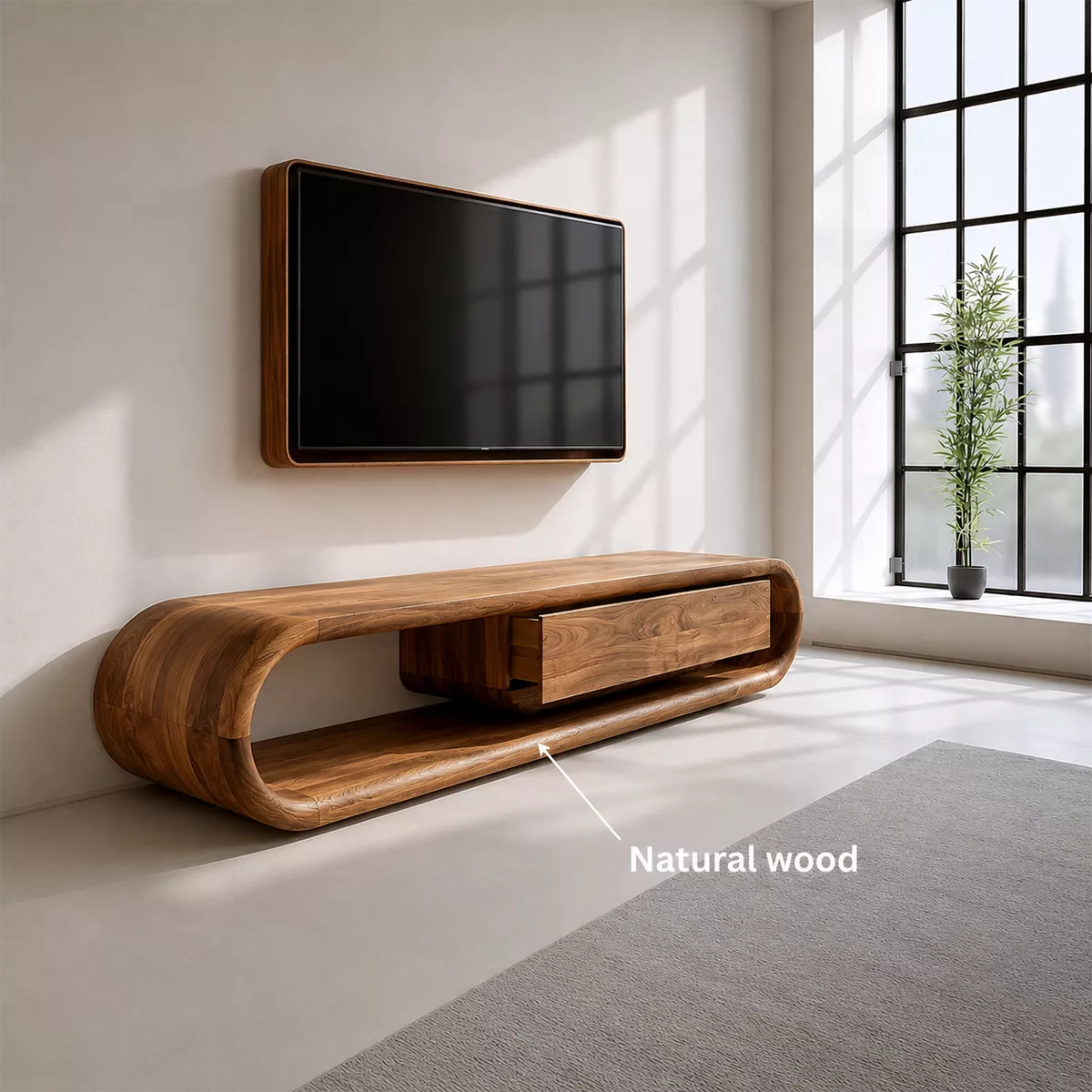 Sculptural Solid Wood TV Stand With Rounded Frame And Pull Out Drawer For Living Room - Livewoodcraft - 11