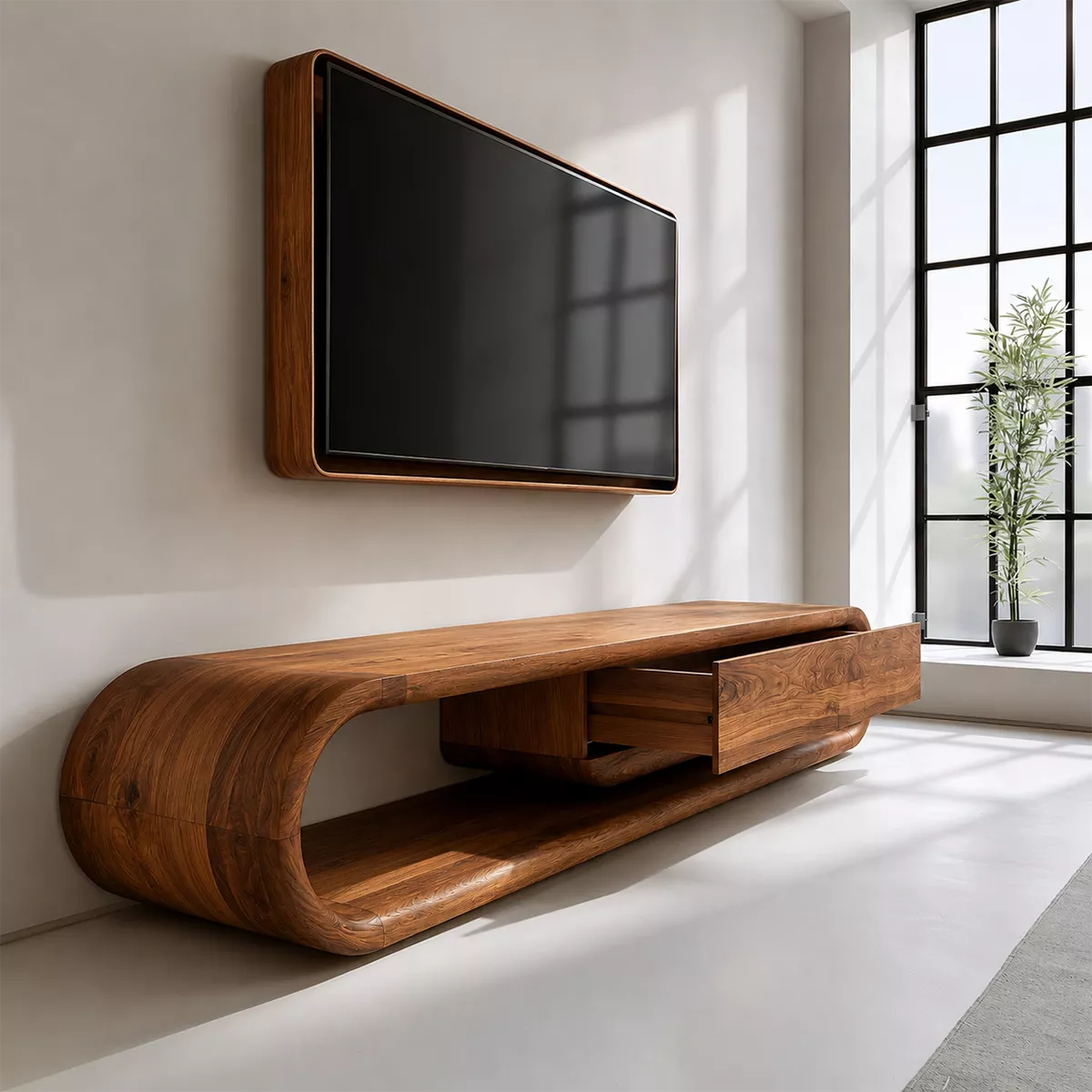 Sculptural Solid Wood TV Stand With Rounded Frame And Pull Out Drawer For Living Room - Livewoodcraft - 2