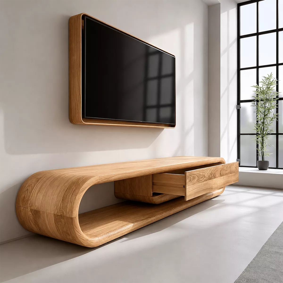 Sculptural Solid Wood TV Stand With Rounded Frame And Pull Out Drawer For Living Room - Livewoodcraft - 3