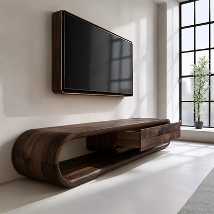 Sculptural Solid Wood TV Stand With Rounded Frame And Pull Out Drawer For Living Room - Livewoodcraft - 5