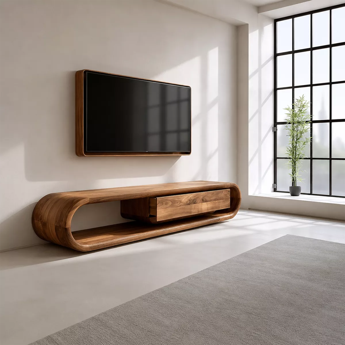 Sculptural Solid Wood TV Stand With Rounded Frame And Pull Out Drawer For Living Room - Livewoodcraft - 6