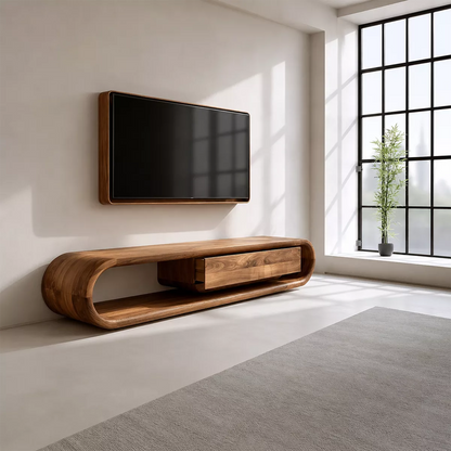 Sculptural Solid Wood TV Stand With Rounded Frame And Pull Out Drawer For Living Room - Livewoodcraft - 6