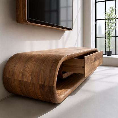 Sculptural Solid Wood TV Stand With Rounded Frame And Pull Out Drawer For Living Room - Livewoodcraft - 7