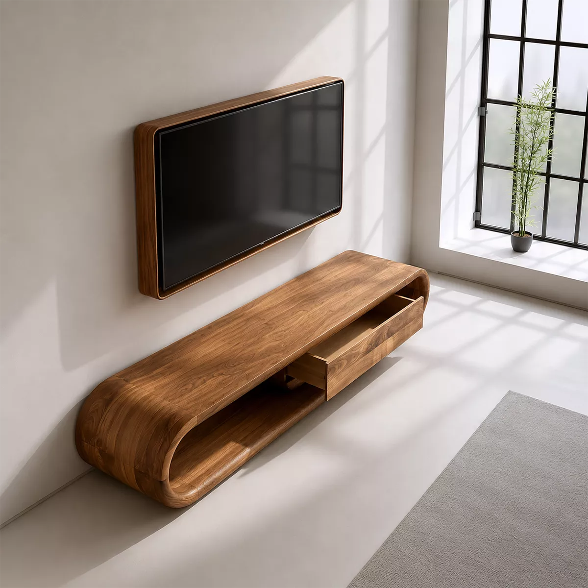 Sculptural Solid Wood TV Stand With Rounded Frame And Pull Out Drawer For Living Room - Livewoodcraft - 8