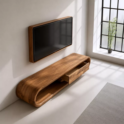 Sculptural Solid Wood TV Stand With Rounded Frame And Pull Out Drawer For Living Room - Livewoodcraft - 8