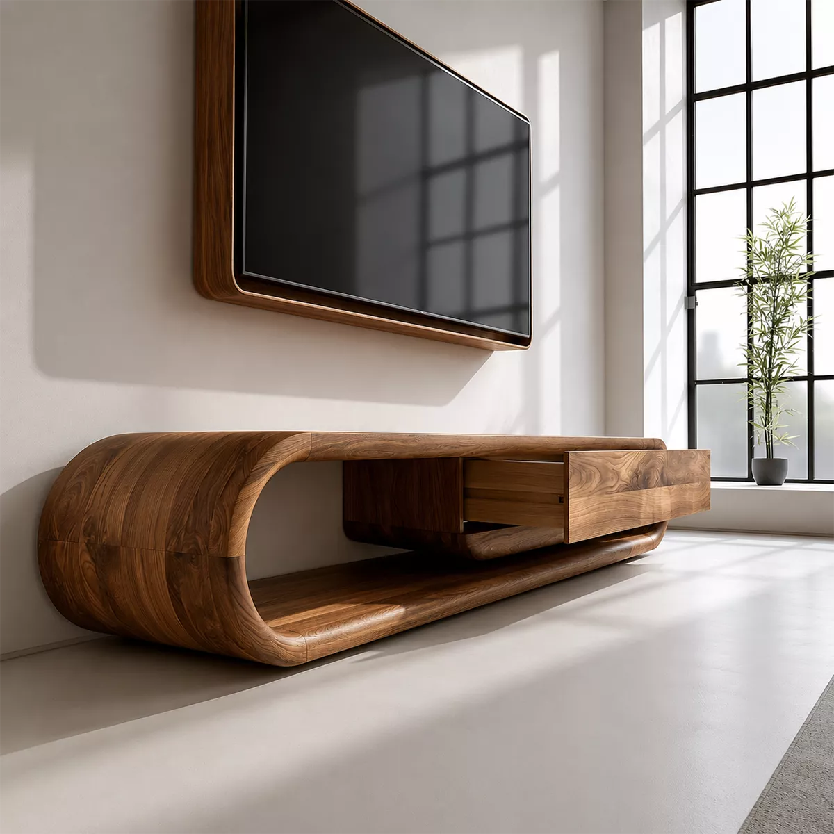 Sculptural Solid Wood TV Stand With Rounded Frame And Pull Out Drawer For Living Room - Livewoodcraft - 9