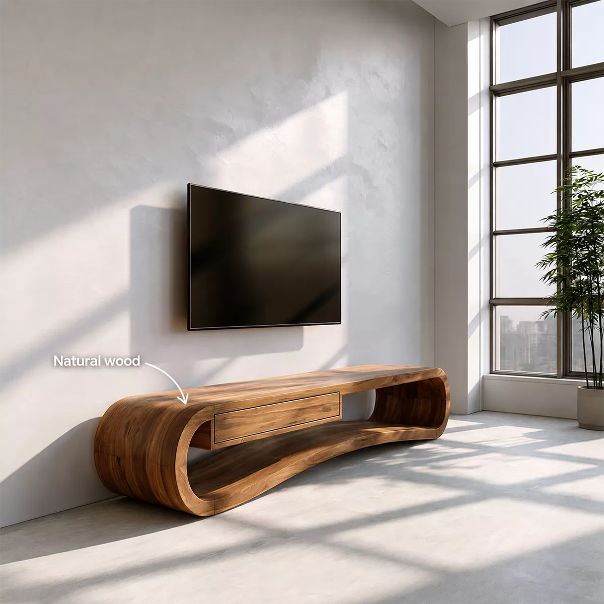 Sculptural Solid Wood TV Stand With Rounded Loop Frame, Open Shelf And Center Drawer For Living Room - Livewoodcraft - 10