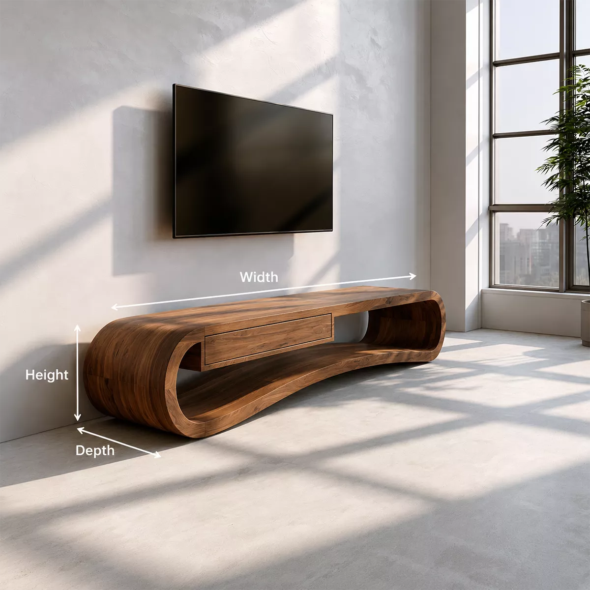 Sculptural Solid Wood TV Stand With Rounded Loop Frame, Open Shelf And Center Drawer For Living Room - Livewoodcraft - 11