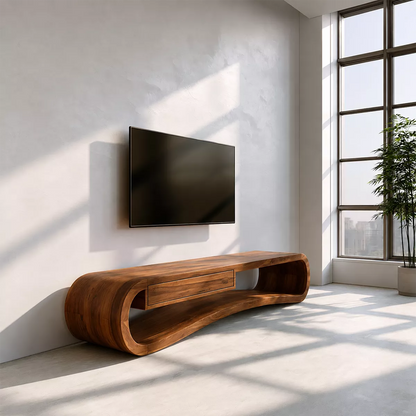 Sculptural Solid Wood TV Stand With Rounded Loop Frame, Open Shelf And Center Drawer For Living Room - Livewoodcraft - 2