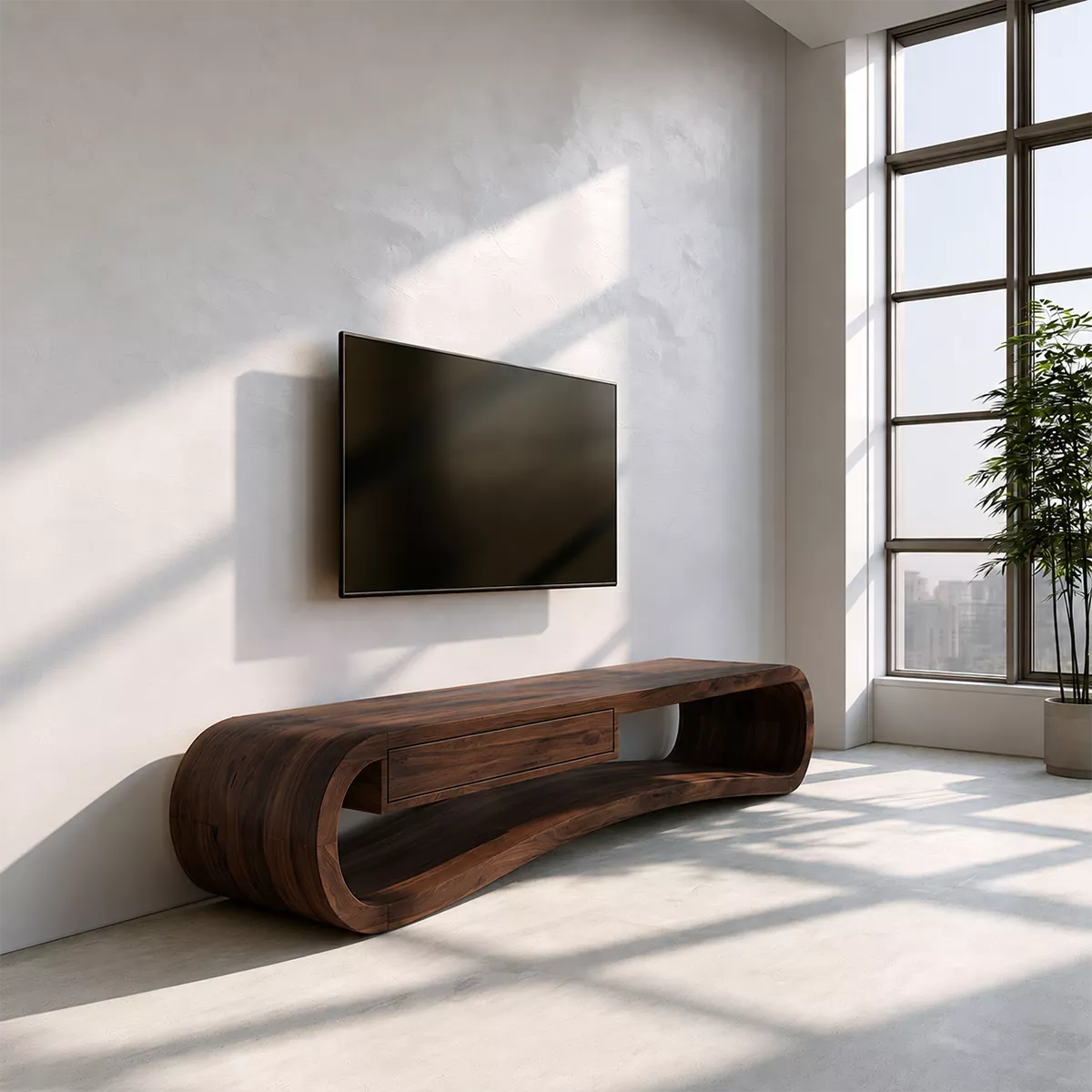 Sculptural Solid Wood TV Stand With Rounded Loop Frame, Open Shelf And Center Drawer For Living Room - Livewoodcraft - 3