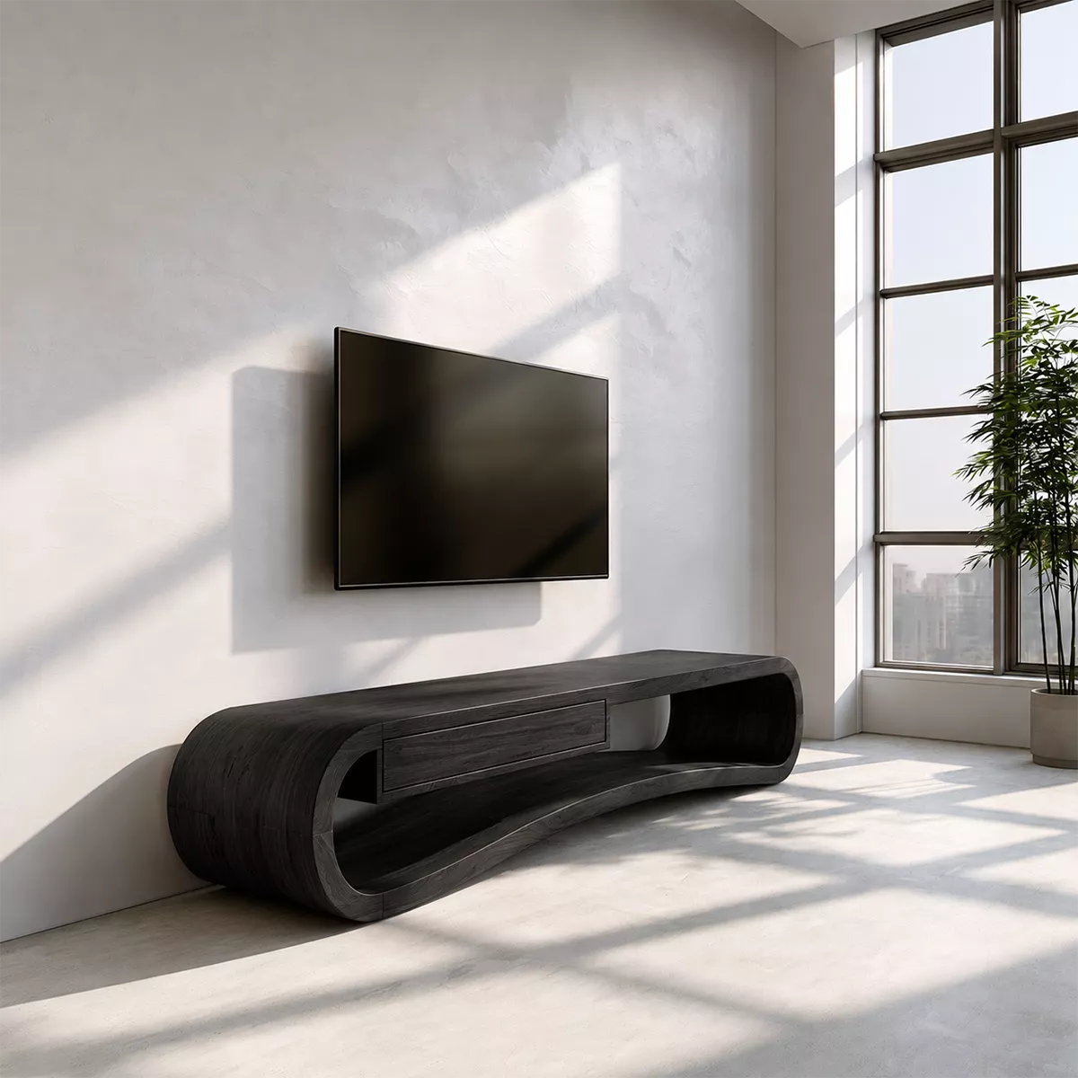 Sculptural Solid Wood TV Stand With Rounded Loop Frame, Open Shelf And Center Drawer For Living Room - Livewoodcraft - 4