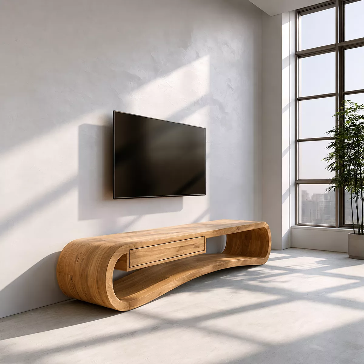 Sculptural Solid Wood TV Stand With Rounded Loop Frame, Open Shelf And Center Drawer For Living Room - Livewoodcraft - 5