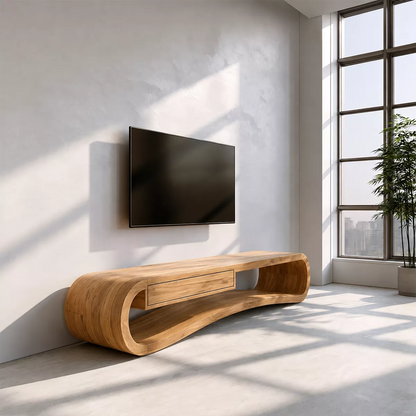Sculptural Solid Wood TV Stand With Rounded Loop Frame, Open Shelf And Center Drawer For Living Room - Livewoodcraft - 5