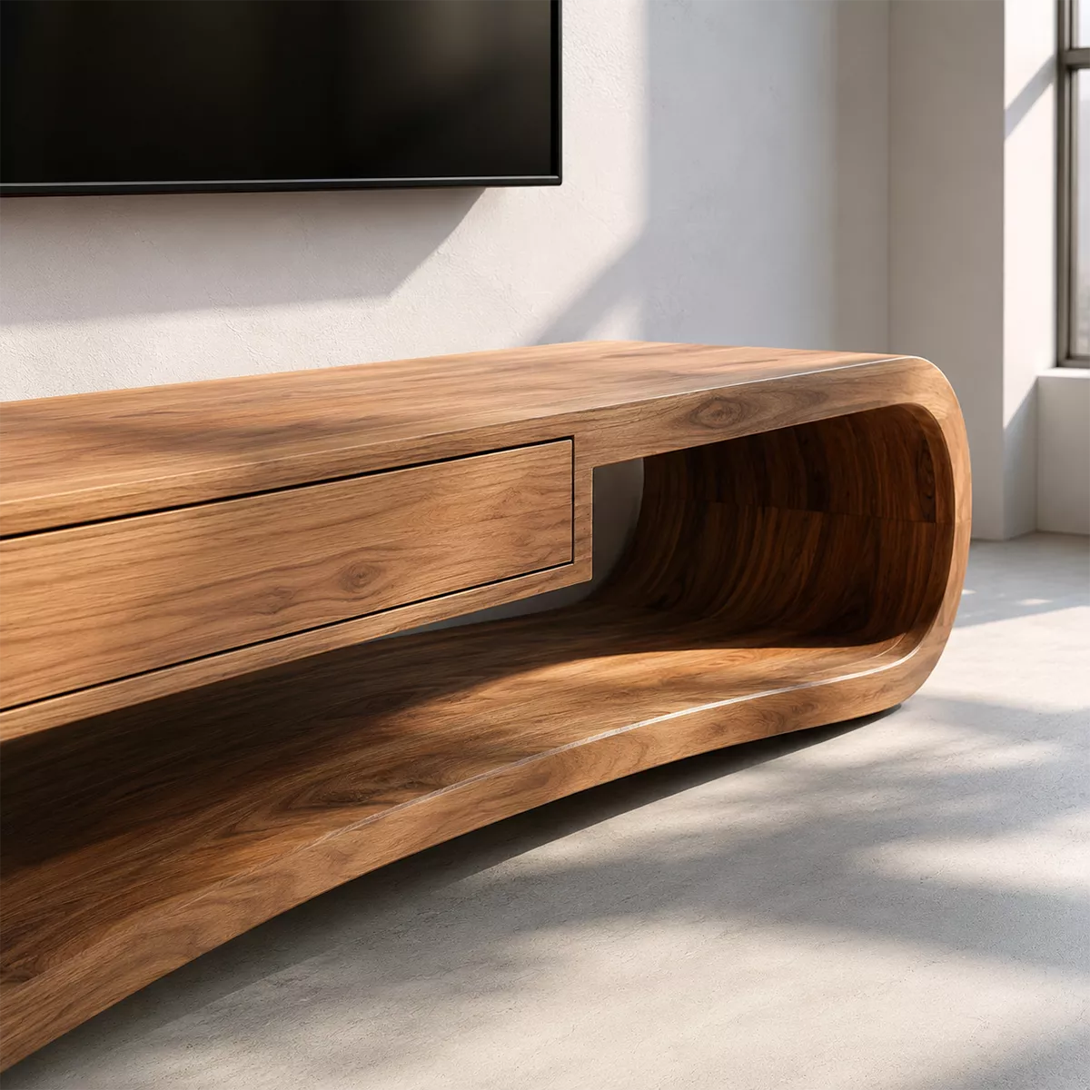 Sculptural Solid Wood TV Stand With Rounded Loop Frame, Open Shelf And Center Drawer For Living Room - Livewoodcraft - 6