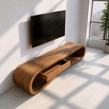 Sculptural Solid Wood TV Stand With Rounded Loop Frame, Open Shelf And Center Drawer For Living Room - Livewoodcraft - 7