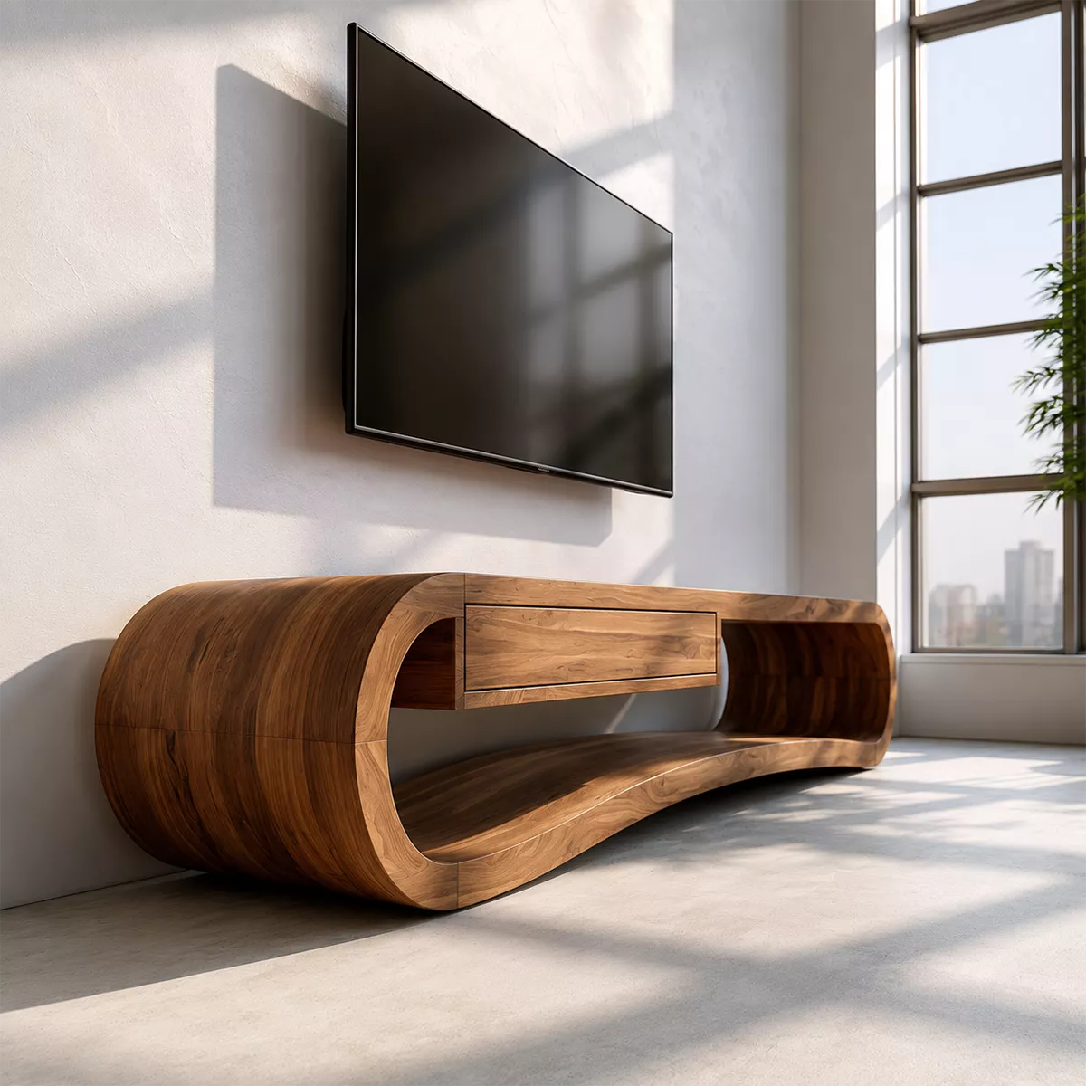 Sculptural Solid Wood TV Stand With Rounded Loop Frame, Open Shelf And Center Drawer For Living Room - Livewoodcraft - 8