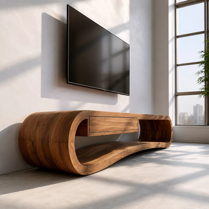 Sculptural Solid Wood TV Stand With Rounded Loop Frame, Open Shelf And Center Drawer For Living Room - Livewoodcraft - 8