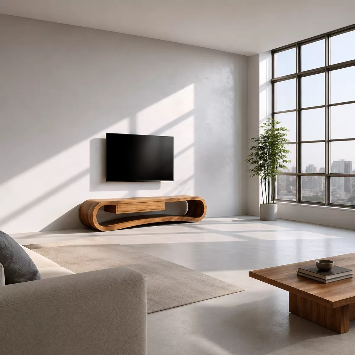 Sculptural Solid Wood TV Stand With Rounded Loop Frame, Open Shelf And Center Drawer For Living Room - Livewoodcraft - 9