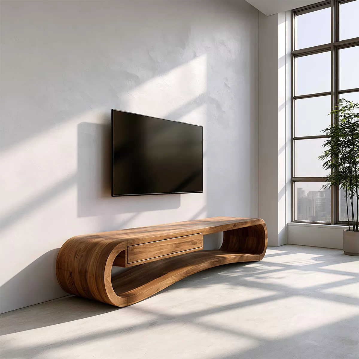 Sculptural Solid Wood TV Stand With Rounded Loop Frame, Open Shelf And Center Drawer For Living Room - Livewoodcraft