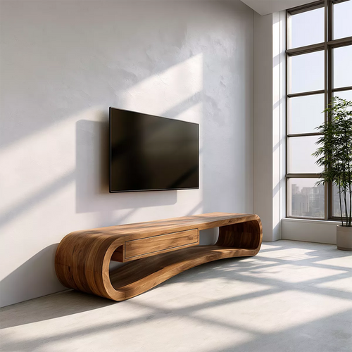 Sculptural Solid Wood TV Stand With Rounded Loop Frame, Open Shelf And Center Drawer For Living Room - Livewoodcraft
