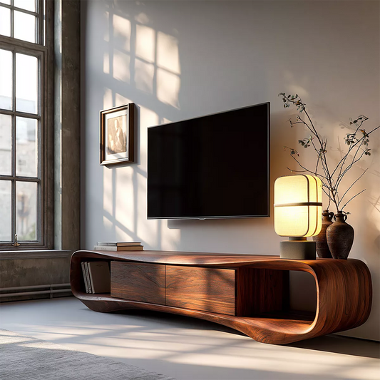 Sculptural Solid Wood TV Stand With Rounded Loop Frame, Open Side Shelves And Hidden Drawer Storage For Living Room - Echotimber
