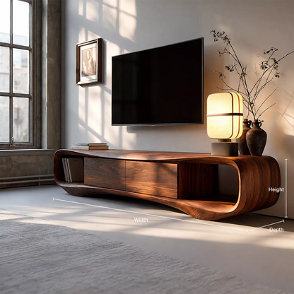 Sculptural Solid Wood TV Stand With Rounded Loop Frame, Open Side Shelves And Hidden Drawer Storage For Living Room - Livewoodcraft - 10