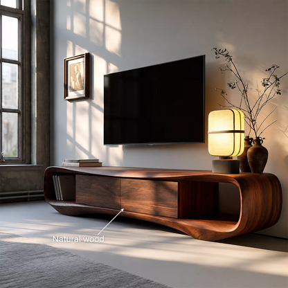 Sculptural Solid Wood TV Stand With Rounded Loop Frame, Open Side Shelves And Hidden Drawer Storage For Living Room - Livewoodcraft - 11