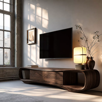 Sculptural Solid Wood TV Stand With Rounded Loop Frame, Open Side Shelves And Hidden Drawer Storage For Living Room - Livewoodcraft - 2