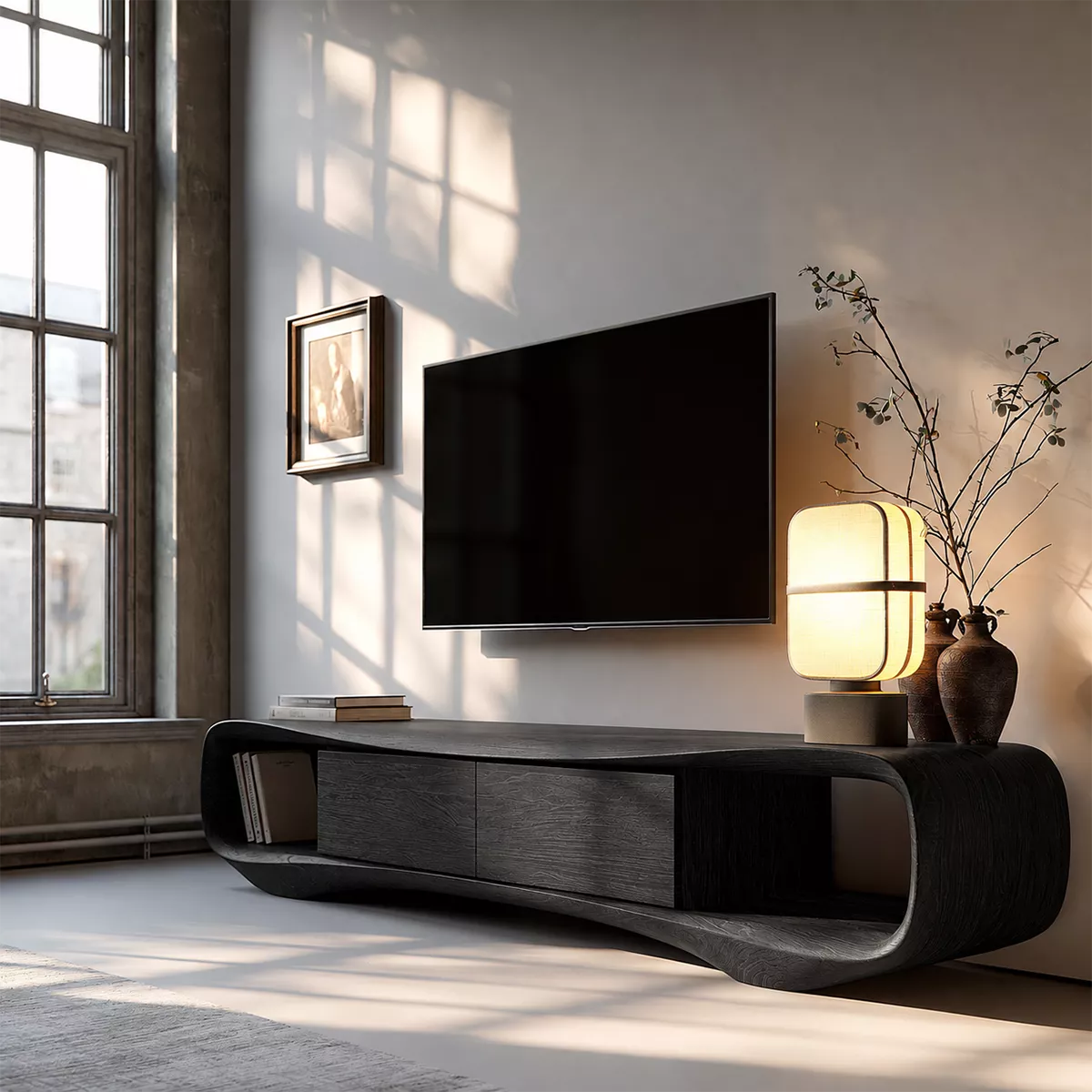 Sculptural Solid Wood TV Stand With Rounded Loop Frame, Open Side Shelves And Hidden Drawer Storage For Living Room - Livewoodcraft - 3