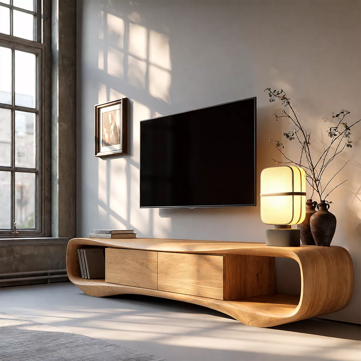 Sculptural Solid Wood TV Stand With Rounded Loop Frame, Open Side Shelves And Hidden Drawer Storage For Living Room - Livewoodcraft - 4