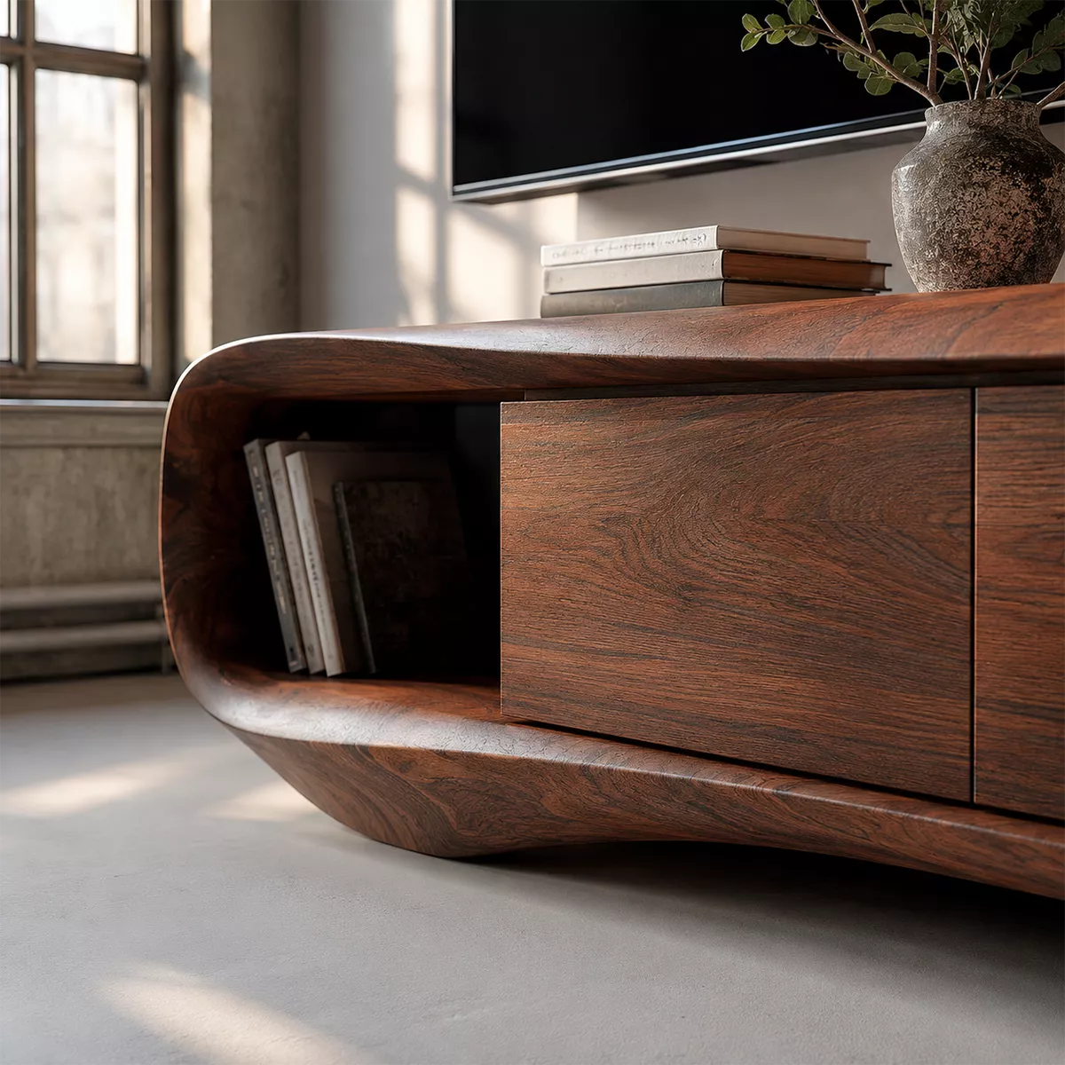 Sculptural Solid Wood TV Stand With Rounded Loop Frame, Open Side Shelves And Hidden Drawer Storage For Living Room - Livewoodcraft - 5