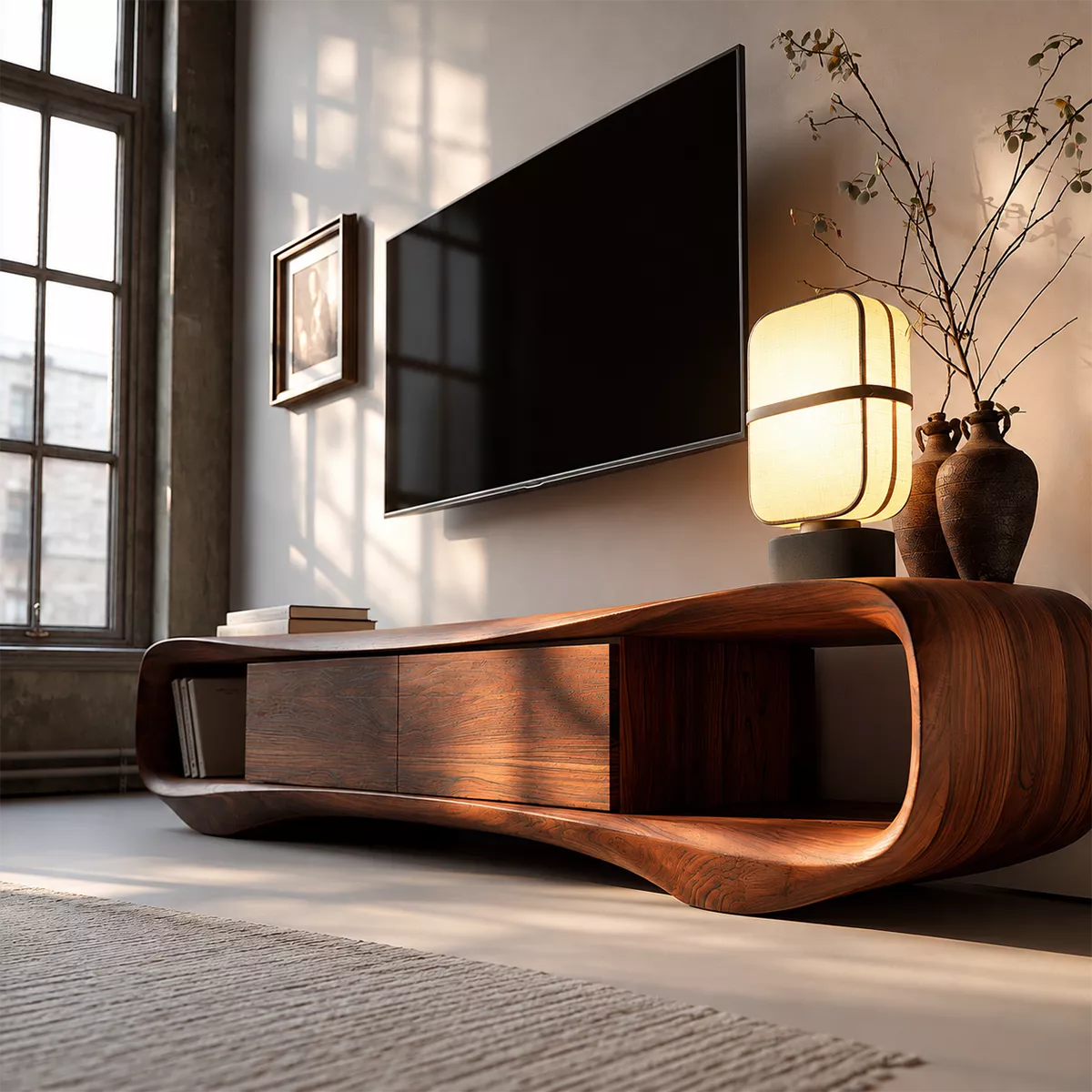 Sculptural Solid Wood TV Stand With Rounded Loop Frame, Open Side Shelves And Hidden Drawer Storage For Living Room - Livewoodcraft - 6