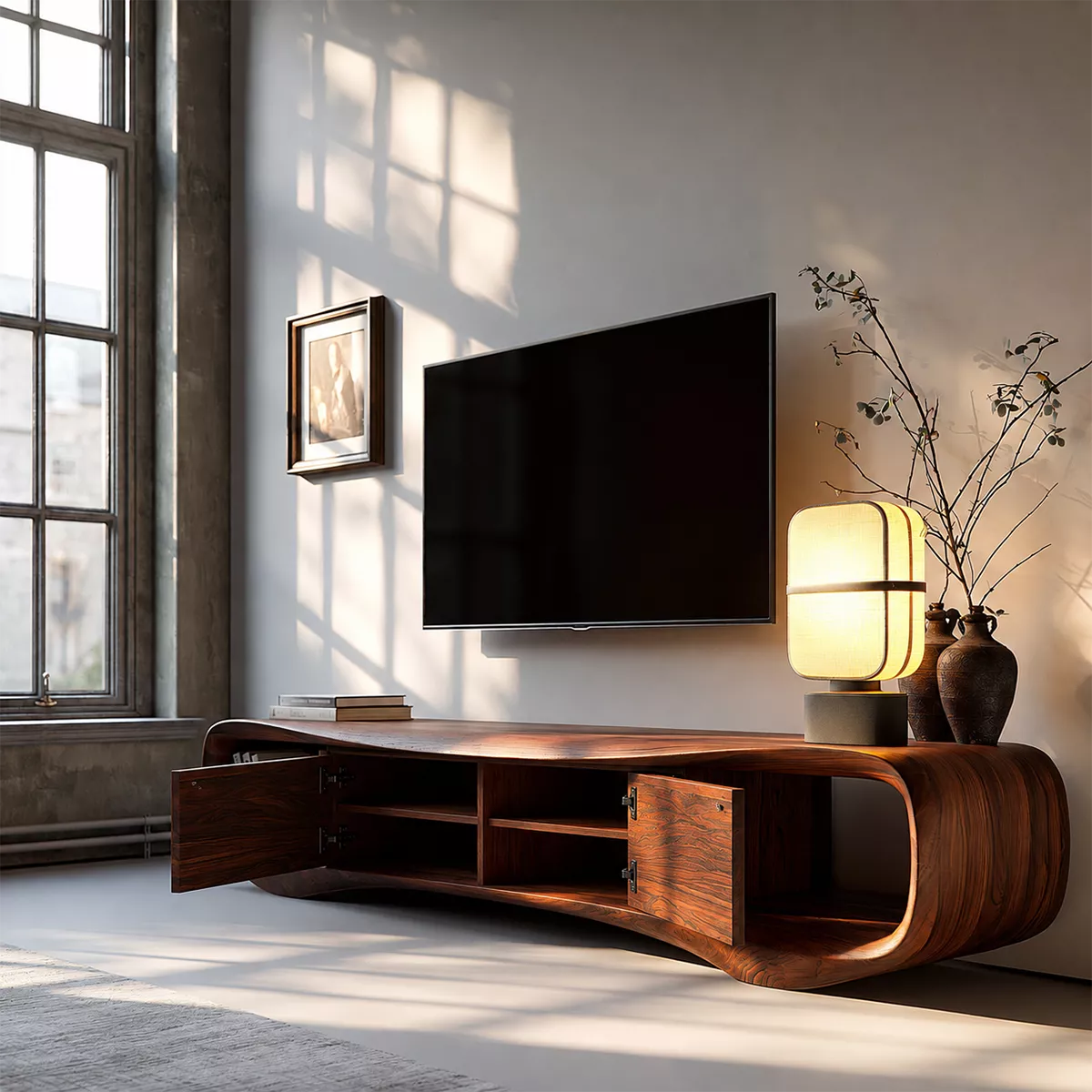 Sculptural Solid Wood TV Stand With Rounded Loop Frame, Open Side Shelves And Hidden Drawer Storage For Living Room - Livewoodcraft - 7
