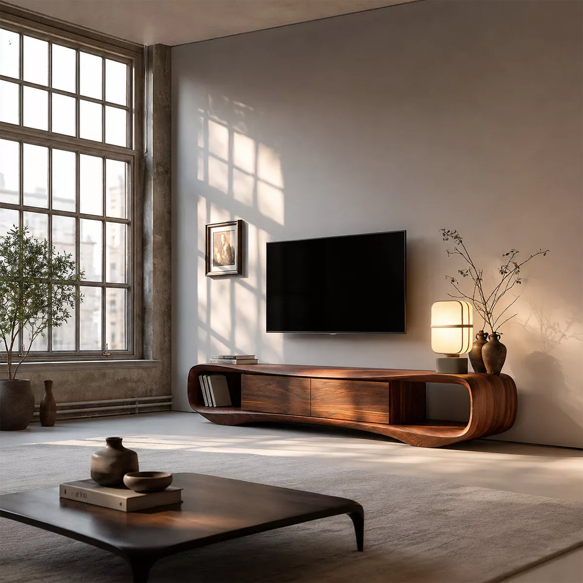 Sculptural Solid Wood TV Stand With Rounded Loop Frame, Open Side Shelves And Hidden Drawer Storage For Living Room - Livewoodcraft - 8