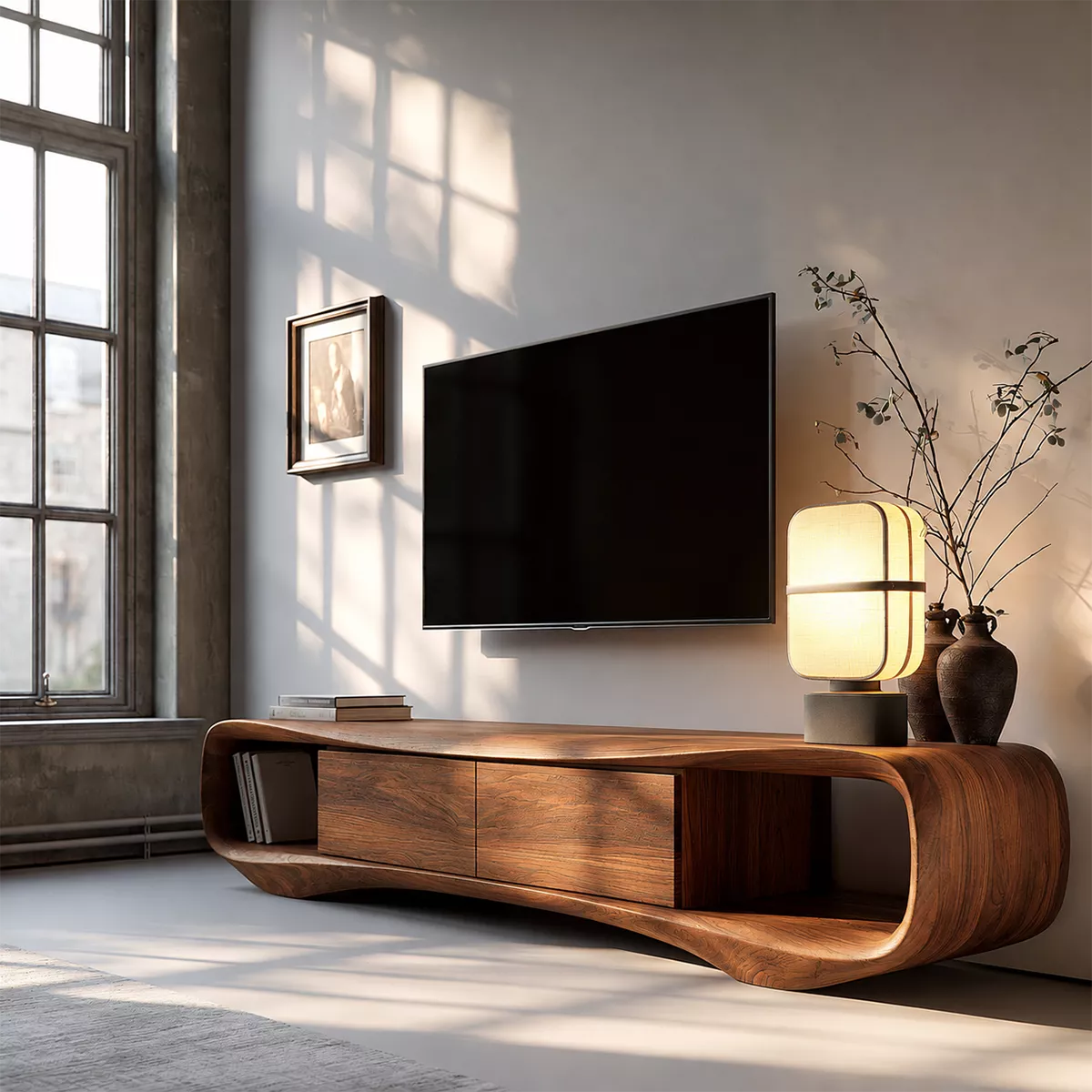 Sculptural Solid Wood TV Stand With Rounded Loop Frame, Open Side Shelves And Hidden Drawer Storage For Living Room - Livewoodcraft - 9