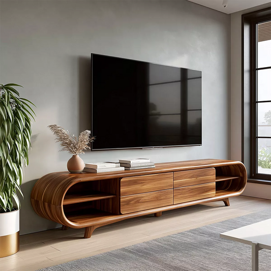 Sculptural Solid Wood TV Stand With Rounded Loop Frame, Open Side Shelves And Multi Drawer Storage For Living Room - Echotimber