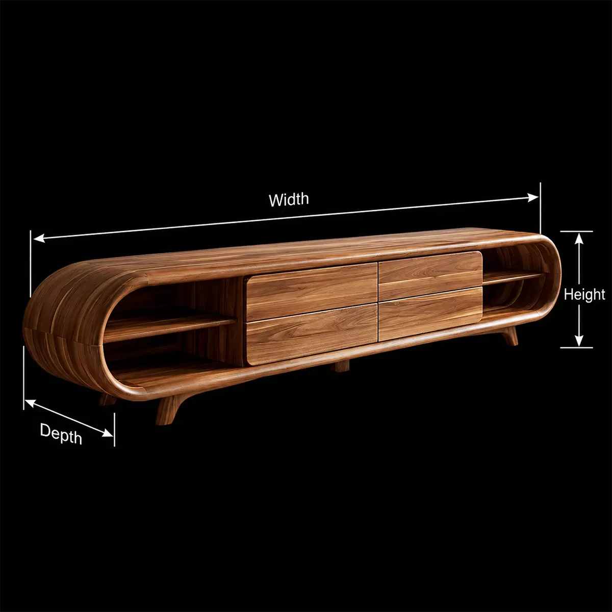 Sculptural Solid Wood TV Stand With Rounded Loop Frame, Open Side Shelves And Multi Drawer Storage For Living Room - Livewoodcraft - 10
