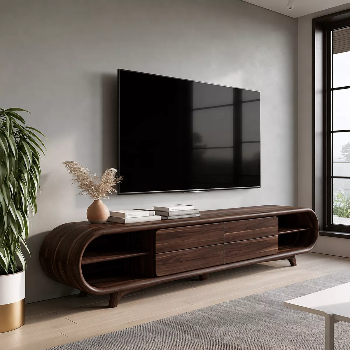 Sculptural Solid Wood TV Stand With Rounded Loop Frame, Open Side Shelves And Multi Drawer Storage For Living Room - Livewoodcraft - 2