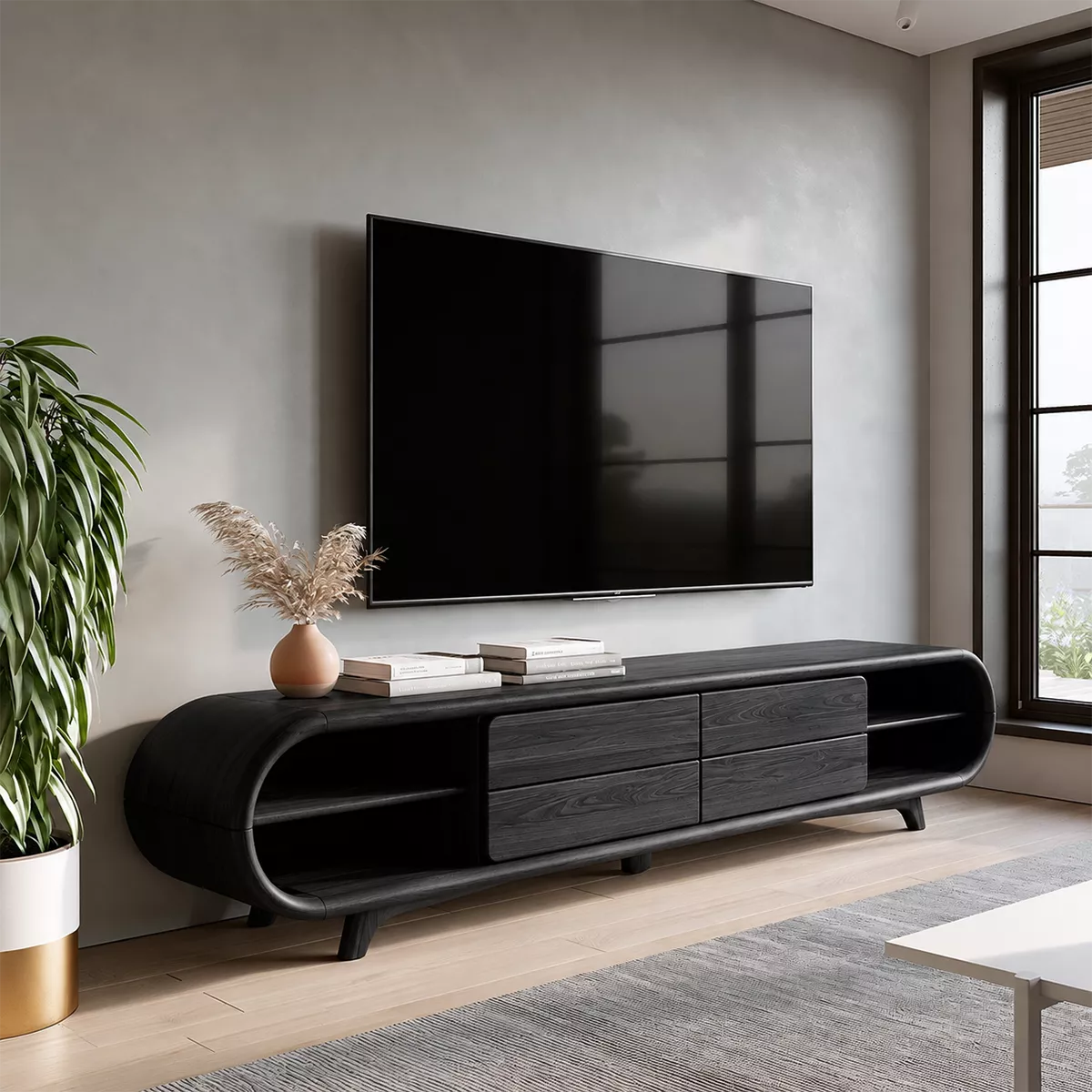 Sculptural Solid Wood TV Stand With Rounded Loop Frame, Open Side Shelves And Multi Drawer Storage For Living Room - Livewoodcraft - 3
