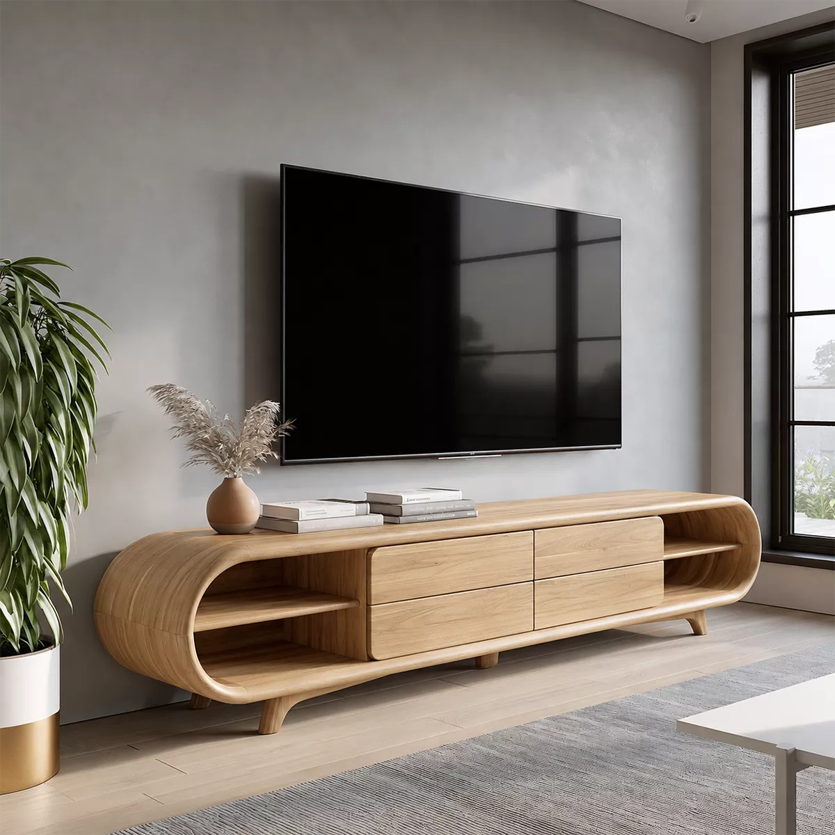 Sculptural Solid Wood TV Stand With Rounded Loop Frame, Open Side Shelves And Multi Drawer Storage For Living Room - Livewoodcraft - 4