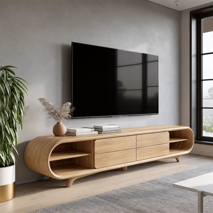 Sculptural Solid Wood TV Stand With Rounded Loop Frame, Open Side Shelves And Multi Drawer Storage For Living Room - Livewoodcraft - 4