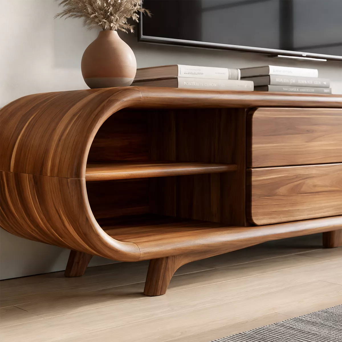 Sculptural Solid Wood TV Stand With Rounded Loop Frame, Open Side Shelves And Multi Drawer Storage For Living Room - Livewoodcraft - 5