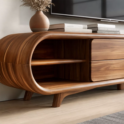 Sculptural Solid Wood TV Stand With Rounded Loop Frame, Open Side Shelves And Multi Drawer Storage For Living Room - Livewoodcraft - 5