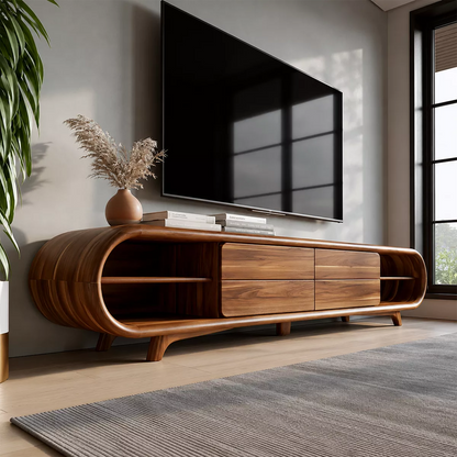 Sculptural Solid Wood TV Stand With Rounded Loop Frame, Open Side Shelves And Multi Drawer Storage For Living Room - Livewoodcraft - 6